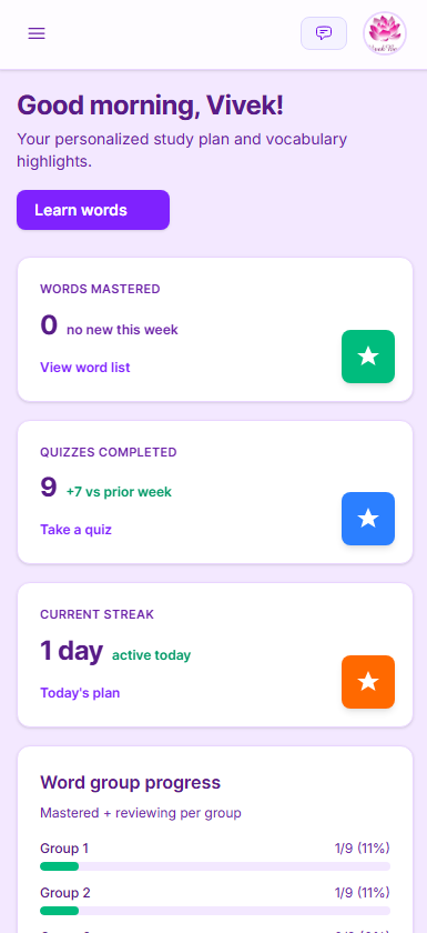 Dashboard showing study modes across the GRE